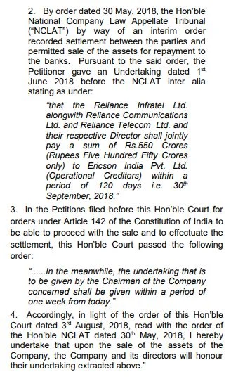 Undertaking by Reliance Chairmen - Supreme Court Order