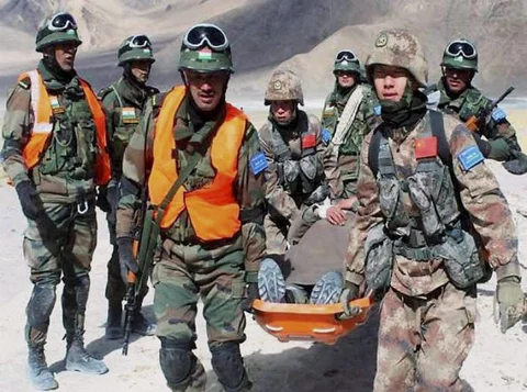 Chinese and Indian border troops conduct a joint disaster relief exercise in the Ladakh region, on Feb 6, 2016. (Photograph: PTI)