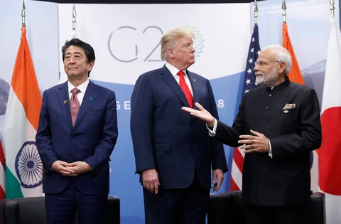 U.S. President Donald Trump meets with India’s Prime Minister Narendra Modi and Japan’s Prime Minister Shinzo Abe, in Buenos Aires, on Dec. 1, 2018. (Photograph: AP/PTI)
