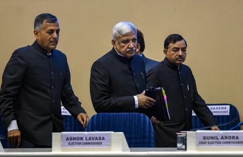 CEC Sunil Arora, along with ECs Ashok Lavasa and Sushil Chandra, in New Delhi, Sunday, March 10, 2019. (Photographer: Subhav Shukla/PTI)