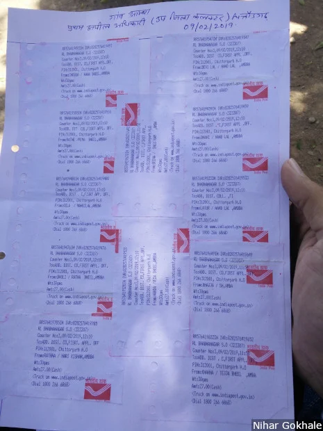 Postal receipts of the right-to-information requests filed by the Bhils of Rawatbhata block in Rajasthan’s Chittorgarh to track their claims under the Forest Rights Act. 