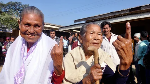 Elderly tribal women after voting in the panchayat elections in the Kamrup district of Assam, on Dec. 5, 2018. (Photograph: PTI)