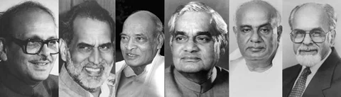 Former Prime Ministers of India VP Singh, Chandra Shekhar, PV Narasimha Rao, AB Vajpayee, HD Deve Gowda, IK Gujral. (Photograph: NMML/Government of India)