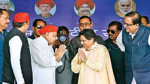 Samajwadi patron Mulayam Singh Yadav with Bahujan Samaj Party supremo Mayawati during their joint election campaign rally in Mainpuri, Friday, April 19, 2019. PTI