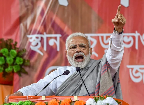 Prime Minister Narendra Modi addresses a rally in Jalpaiguri district of West Bengal, on Feb. 8, 2019. (Photograph: PTI)