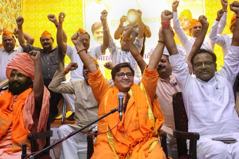 BJP candidate Sadhvi Pragya Singh at party workers’ meeting in Bhopal, on April 18, 2019. (Photograph: PTI)