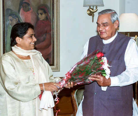 AB Vajpayee with Mayawati at a meeting in New Delhi. (Photograph: PTI)