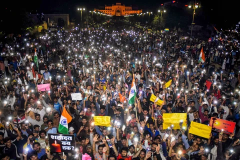 People raising slogans during a march after the Pulwama terror attack, in Jaipur, on Feb. 16, 2019. (Photograph: PTI)