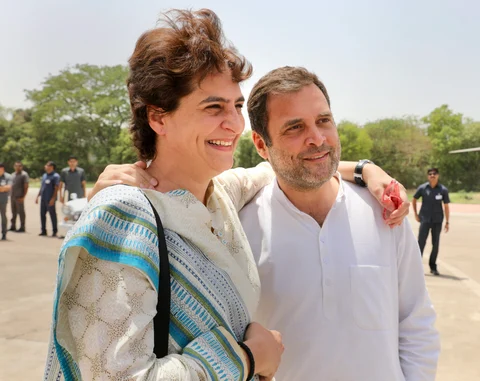 Priyanka Gandhi meets brother and Congress chief Rahul Gandhi during her campaign trail. (Source: PTI)