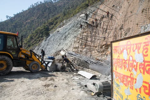 Construction is under way on the Char Dham highway project. (Photographer: Anshika Varma for Bloomberg Businessweek)