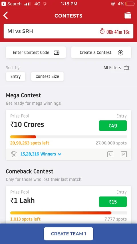 A screenshot of pool size on Dream11.