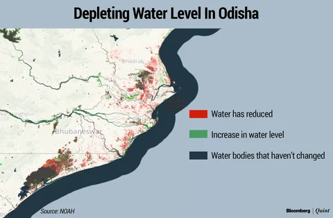 Satellite image mapping changes in the water surface from 1984 to 2015 shows drying of surface water in coastal Odisha around Bhubaneshwar and the coastal district of Bhadrak. (Source: NOAH: a tool that maps changes in surface water and rainfall).