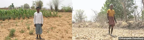 Pannalal Sai and Babulal Salaam are among the scores of villagers who found their lands being forcibly earmarked for compensatory tree plantation in lieu of forests to be stripped for the Parsa coal block. More than 4,000 acres in 16 villages have been earmarked for this plantation project. (Photo: Chitrangada Choudhury)