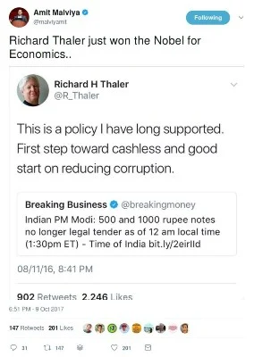देश में फेल ‘नोटबंदी’ को विदेशी अर्थशास्त्री ‘रिचर्ड थेलर’ के सहारे कामयाब करने में जुटे BJP नेता