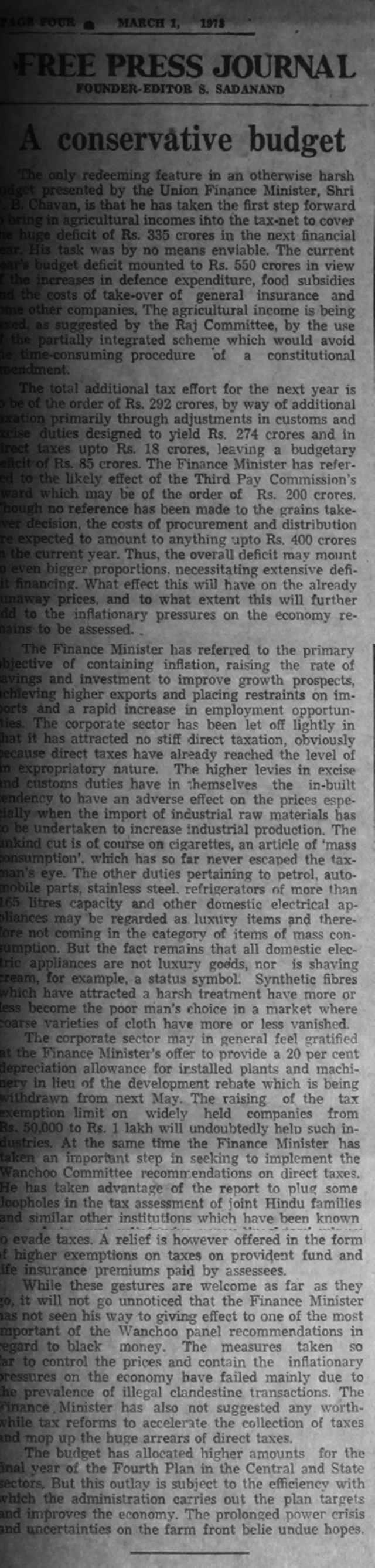 Why the 1973 budget by Yashwantrao Chavan is called ‘Black Budget’?