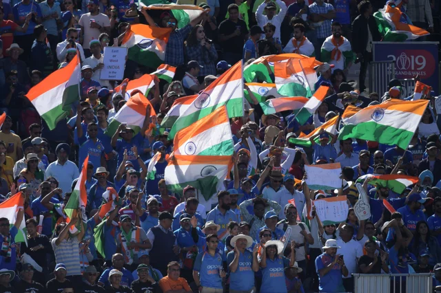 India's supporters cheer during the 2019 Cricket World Cup group stage match between West Indies and India.