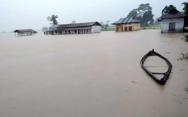 A waterlogged village during the flood in Nalbari