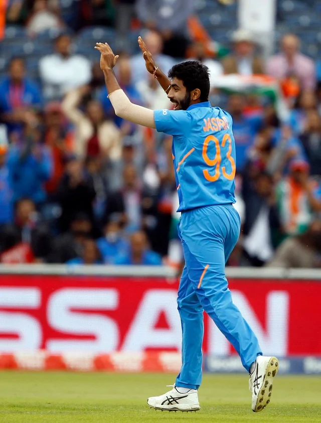 Indian bowler Jaspreet Bumrah celebrates the dismissal of Martin Guptill during the Semi Final match against New Zealand at Old Trafford in Manchester on Tuesday.