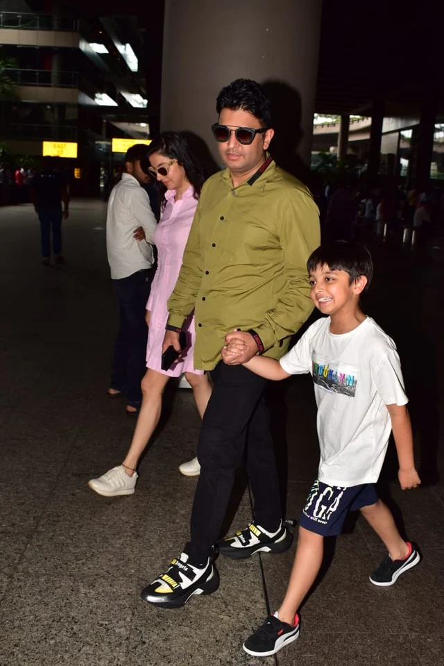 Bhushan Kumar with wife Divya khosla Kumar and son at airport today.