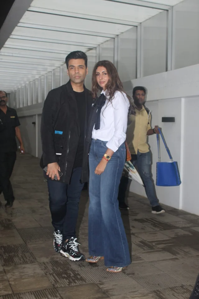 Filmmaker Karan Johar was snapped in all black with Shweta Bachchan at Hakkasan in Bandra.