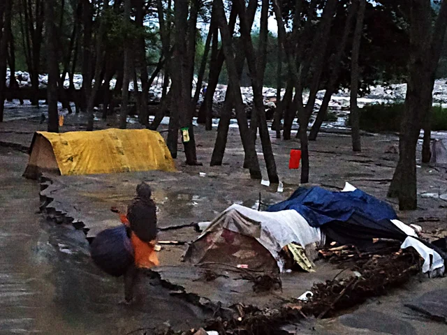 Due to heavy rain slums damaged in the Patlikulh area of Kullu district after a flash flood in Gorcha Nall in Kullu, Himachal Pradesh on Wednesday