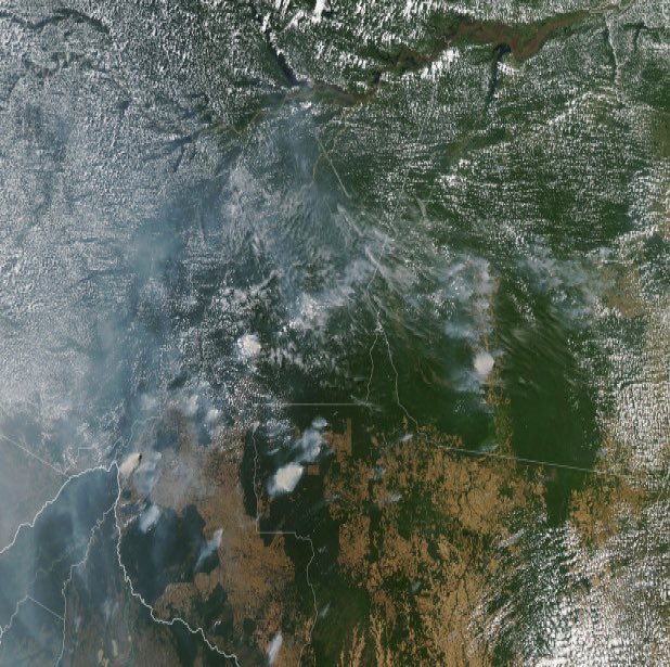 This satellite image provided by NASA shows several fires burning in the Brazilian Amazon forest