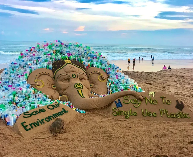 In Odisha, Sand Ganesh was made by Sudarsan Pattnaik with a message "Say no to single-use plastic, Save Environment".