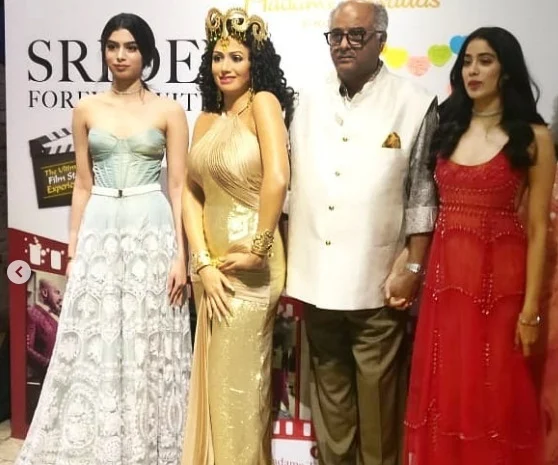 In Pics: Boney, Janhvi, Khushi Kapoor at the unveiling ceremony of Sridevi’s wax statue