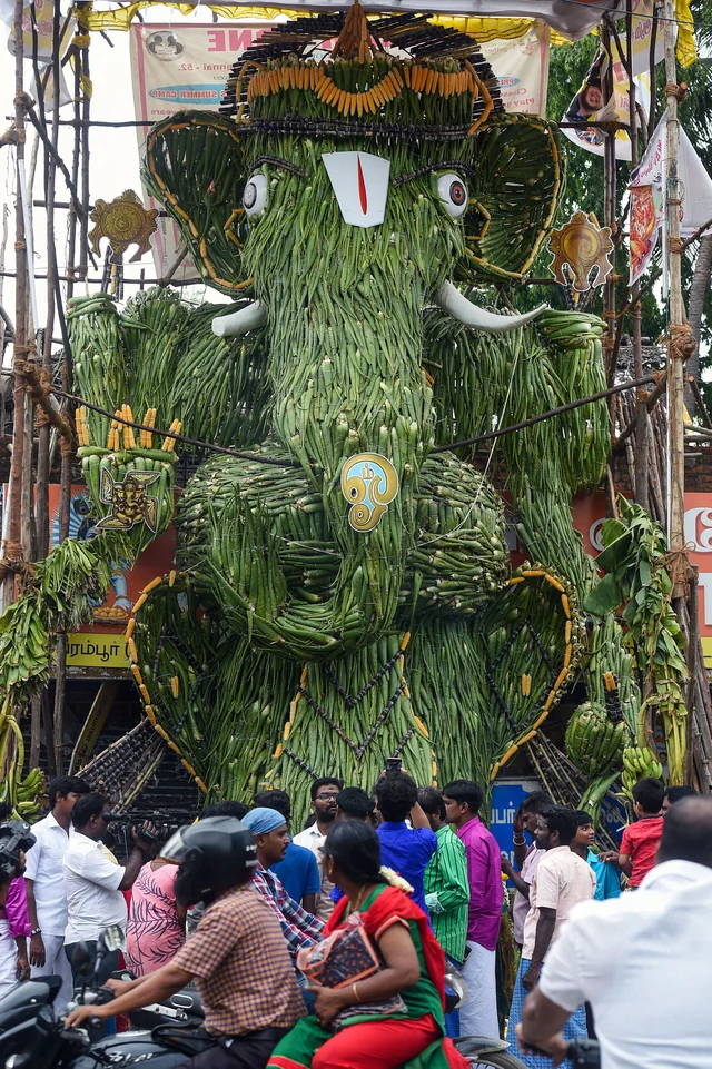 A view of a Ganesha idol made using about 2.5 tons of aloe vera, on display at a pandal in Chennai on the occasion of Ganesh Chaturthi festival, in Chennai