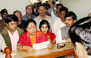 Rajasthan BJP chief Vasundhara Raje filing her nomination papers from the Jhalrapatan assembly seat in Jhalawar district on Monday.