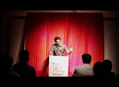 Participant Dhruv Lohumi narrating his story ‘The Smokescreen’ at the Tall Tales event held on October 25 at Studio X, Fort. Picture by Neha Mendiratta Khullar.