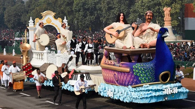 New Delhi: The tableau of Goa passes through the Rajpath during the full dress rehearsal of the Republic Day parade, in New Delhi on Monday. PTI Photo by Kamal Singh