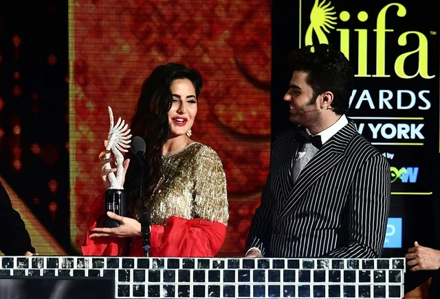 Bollywood Actress Katrina Kaif hold an award on stage during IIFA Rocks July 14, 2017 at the MetLife Stadium in East Rutherford, New Jersey during the 18th International Indian Film Academy (IIFA) Festival.