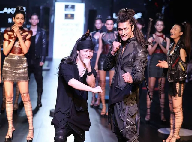 Designer Asa Kazingmei with showstopper Vidyut Jamwal at the Johnnie Walker presents Asa Kazingmei