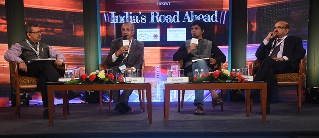 (L to R) Indranil Pan, Economist, IDFC Bank; CP Joshi, Secretary, Roads, PWD; Santosh Nair, Editor, Moneycontrol; and Kiran Kurundkar, Joint MD, MSRDC