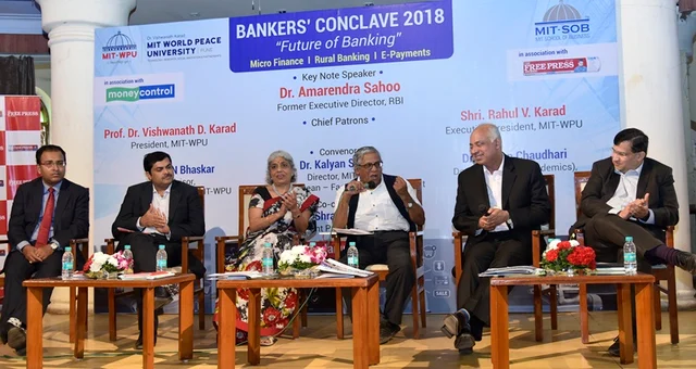 (L to R) NIBM’s Naveen Kumar; IDFC’s Veena Mankar; R N Bhaskar; Arohan’s Manoj Nambiar; Vikrant Ponkshe formerly from Cosmos Bank, during the panel discussion.
