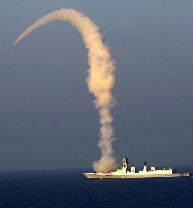 Goa: Brahmos Missile is launched from the INS Kolkata during Theatre Readiness Operational Level Exercise (TROPEX-2015), off the coast of Goa in the Arabian Sea on Saturday. PTI Photo (PTI2_14_2015_000162B) *** Local Caption ***