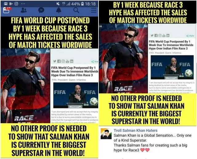 Fake News Alert: Salman Khan fans claim that FIFA World Cup has been postponed by a week for Race 3 release