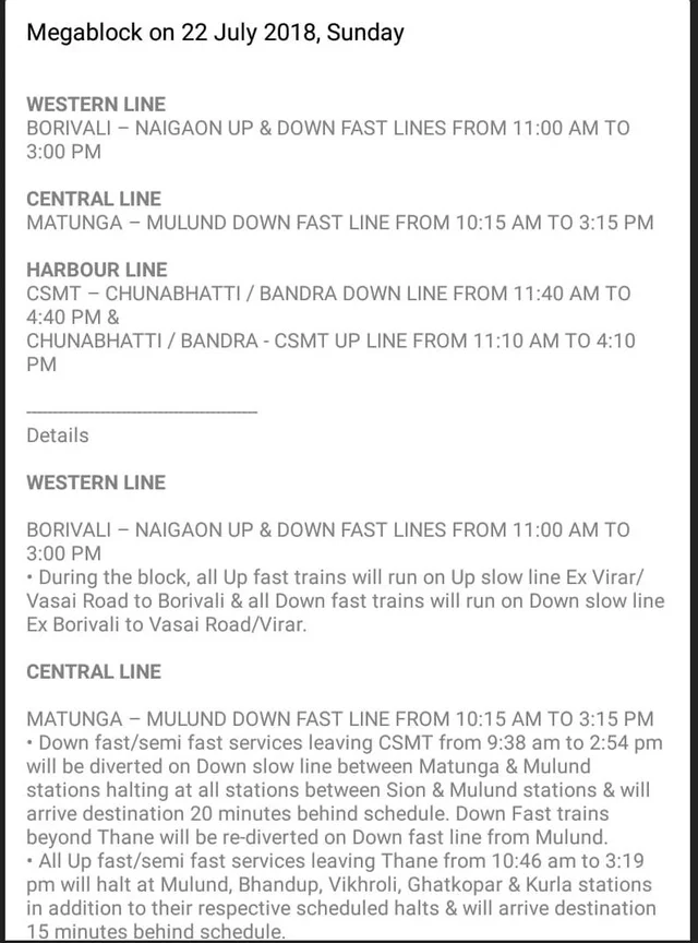 Mumbai Mega/Jumbo Block: Central line, Harbour line, Western line updates for July 22, 2018