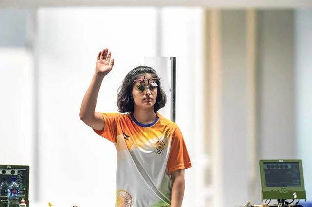 <strong><em>Shooter Manu Bhaker reacts after finishing sixth in the women’s 25m Pistol finals.</em></strong>