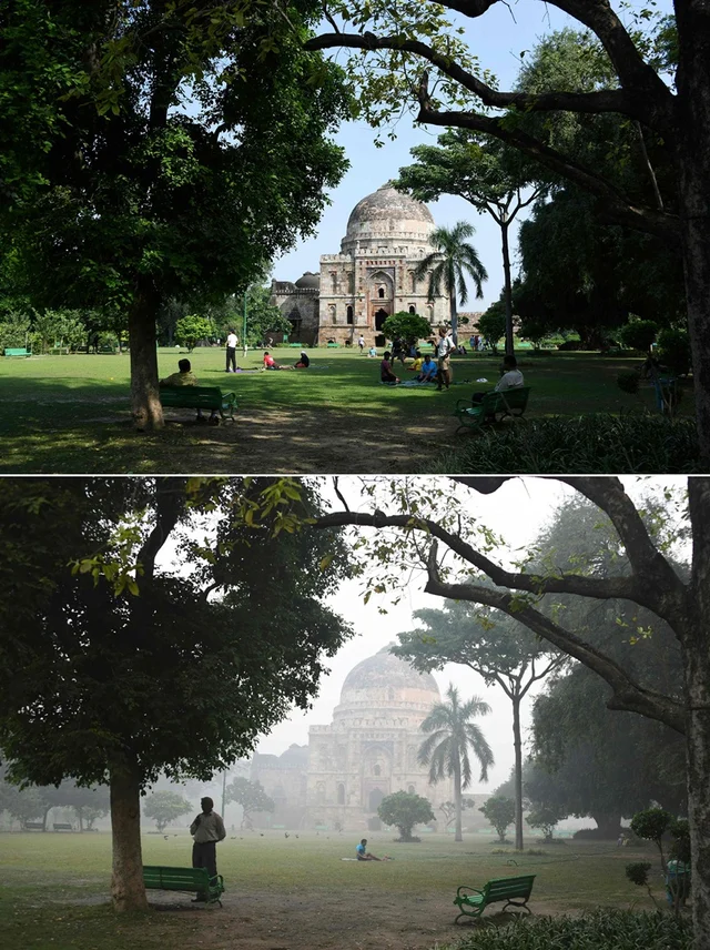 (COMBO) This combination of pictures created on November 2, 2018 shows (top) a Mughal-era tomb in Lodhi Gardens on a sunny day in New Delhi on September 15; and (bottom) the same tomb in Lodhi Gardens amid heavy smog conditions in New Delhi on October 30. – Smog levels spike during winter in Delhi, when air quality often eclipses the World Health Organization’s safe levels. Cooler air traps pollutants — such as from vehicles, building sites, Diwali firecrackers and farmers burning crops in regions outside the Indian capital — close to the ground. (Photos by Dominique FAGET / AFP) / To go with INDIA-POLLUTION-RELIGION-COURT-FIRECRACKER text