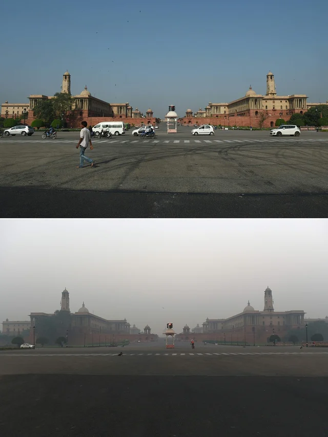 (COMBO) This combination of pictures created on November 2, 2018 shows Indian government department buildings in New Delhi on September 20; and (bottom) the same Indian government department buildings amid heavy smog conditions in New Delhi on November 2. – Smog levels spike during winter in Delhi, when air quality often eclipses the World Health Organization’s safe levels. Cooler air traps pollutants — such as from vehicles, building sites, Diwali firecrackers and farmers burning crops in regions outside the Indian capital — close to the ground. (Photos by Money SHARMA / AFP) / To go with INDIA-POLLUTION-RELIGION-COURT-FIRECRACKER text