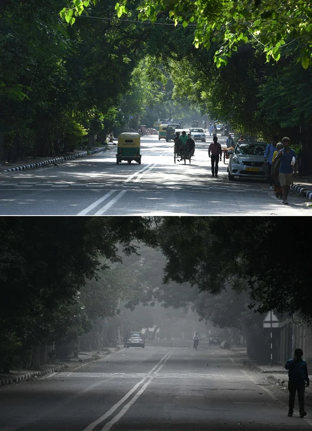 (COMBO) This combination of pictures created on November 2, 2018 shows (top) a street on a sunny day on September 14; the same street amid heavy smog conditions on October 30. – Smog levels spike during winter in Delhi, when air quality often eclipses the World Health Organization’s safe levels. Cooler air traps pollutants — such as from vehicles, building sites, Diwali firecrackers and farmers burning crops in regions outside the Indian capital — close to the ground. (Photos by Dominique FAGET / AFP) / To go with INDIA-POLLUTION-RELIGION-COURT-FIRECRACKER text