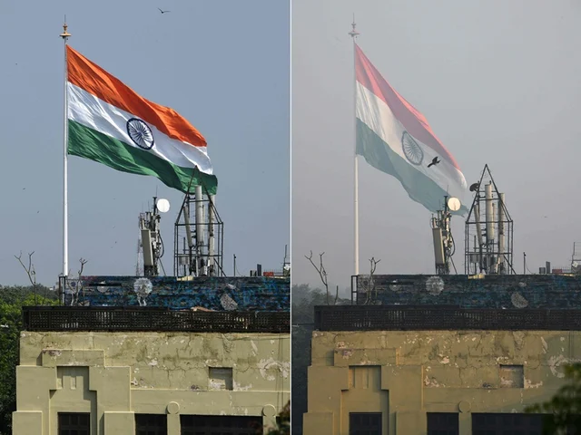 (COMBO) This combination of pictures created on November 2, 2018 shows (L) the Indian national flag flying in New Delhi on September 12; and (R) the same scene amid heavy smog conditions on October 30. – Smog levels spike during winter in Delhi, when air quality often eclipses the World Health Organization’s safe levels. Cooler air traps pollutants — such as from vehicles, building sites, Diwali firecrackers and farmers burning crops in regions outside the Indian capital — close to the ground. (Photos by Dominique FAGET / AFP) / To go with INDIA-POLLUTION-RELIGION-COURT-FIRECRACKER text