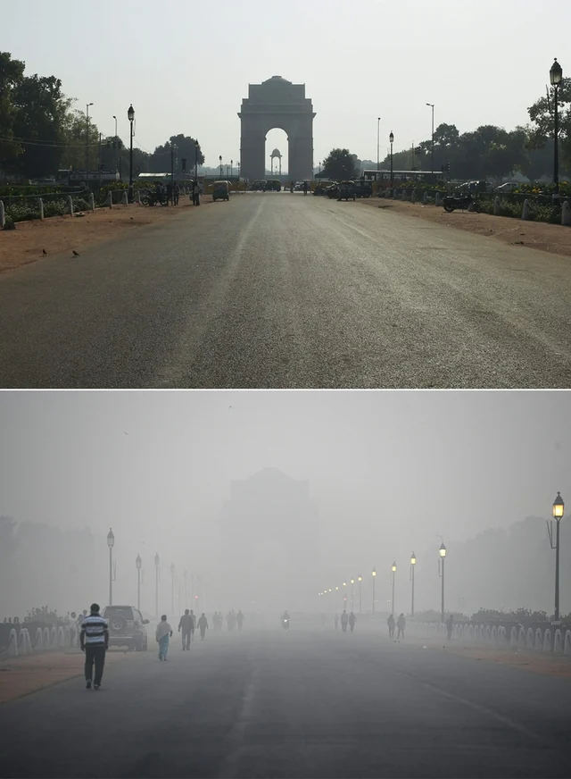 (COMBO) This combination of pictures created on November 2, 2018 shows the India Gate monument in New Delhi on September 19, 2018; and (bottom) India Gate amid heavy smog conditions in New Delhi on November 2. – Smog levels spike during winter in Delhi, when air quality often eclipses the World Health Organization’s safe levels. Cooler air traps pollutants — such as from vehicles, building sites, Diwali firecrackers and farmers burning crops in regions outside the Indian capital — close to the ground. (Photos by Money SHARMA / AFP) / To go with INDIA-POLLUTION-RELIGION-COURT-FIRECRACKER text