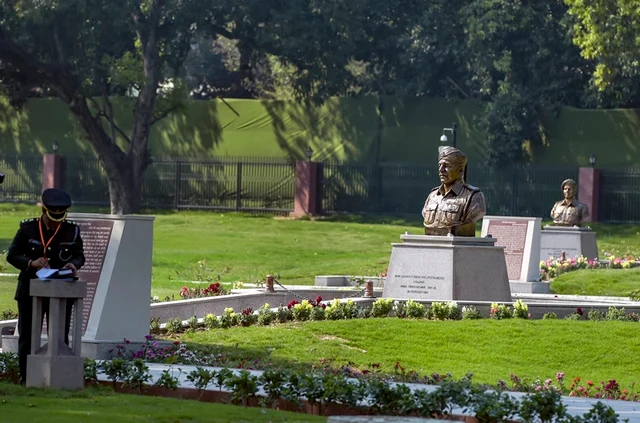Statues of the Paramvir Chakra awardees displayed at Param Yodha Sthal near the National War Memorial, in New Delhi, Sunday, Feb 24, 2019. PTI Photo/Vijay Verma
