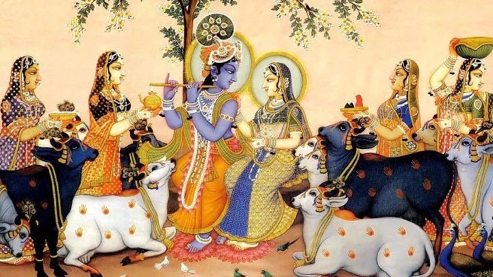 A depiction of Krishna’s <i>Raas Leela </i>showing him with Radha and the<i> gopis</i>