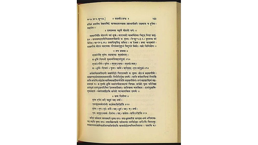 A page from the <i>Rigveda </i>containing a line that translates to ‘The Lord of Immortality which waxes greater still by food’