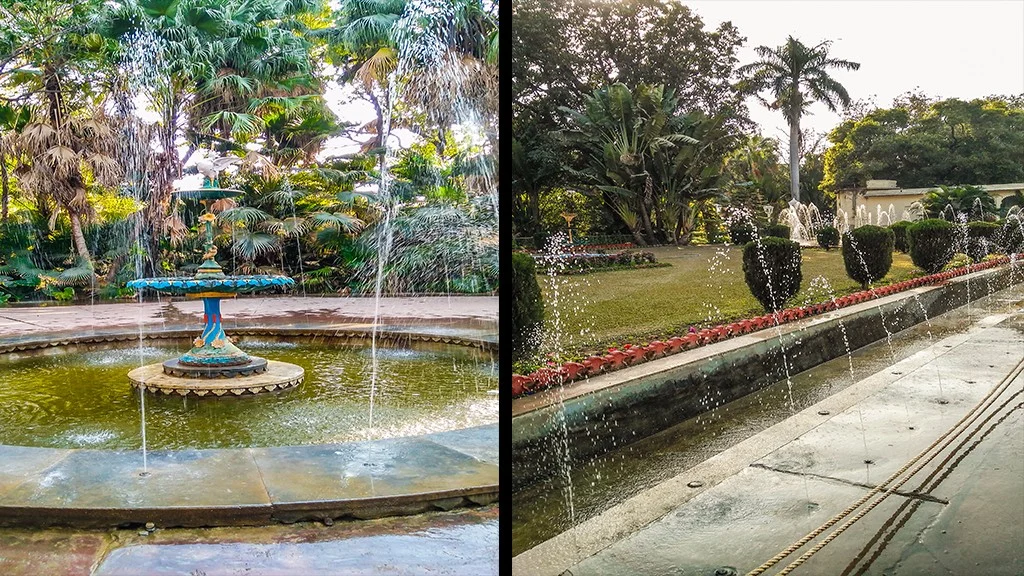 The <i>Bin-Badal Barasat</i> fountains (left); The row of fountains at the entrance of the <i>bari </i>(right)