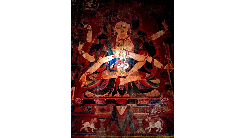 A wall painting of Bodhisattva from the 11 century CE in the Tabo monastery, Spiti